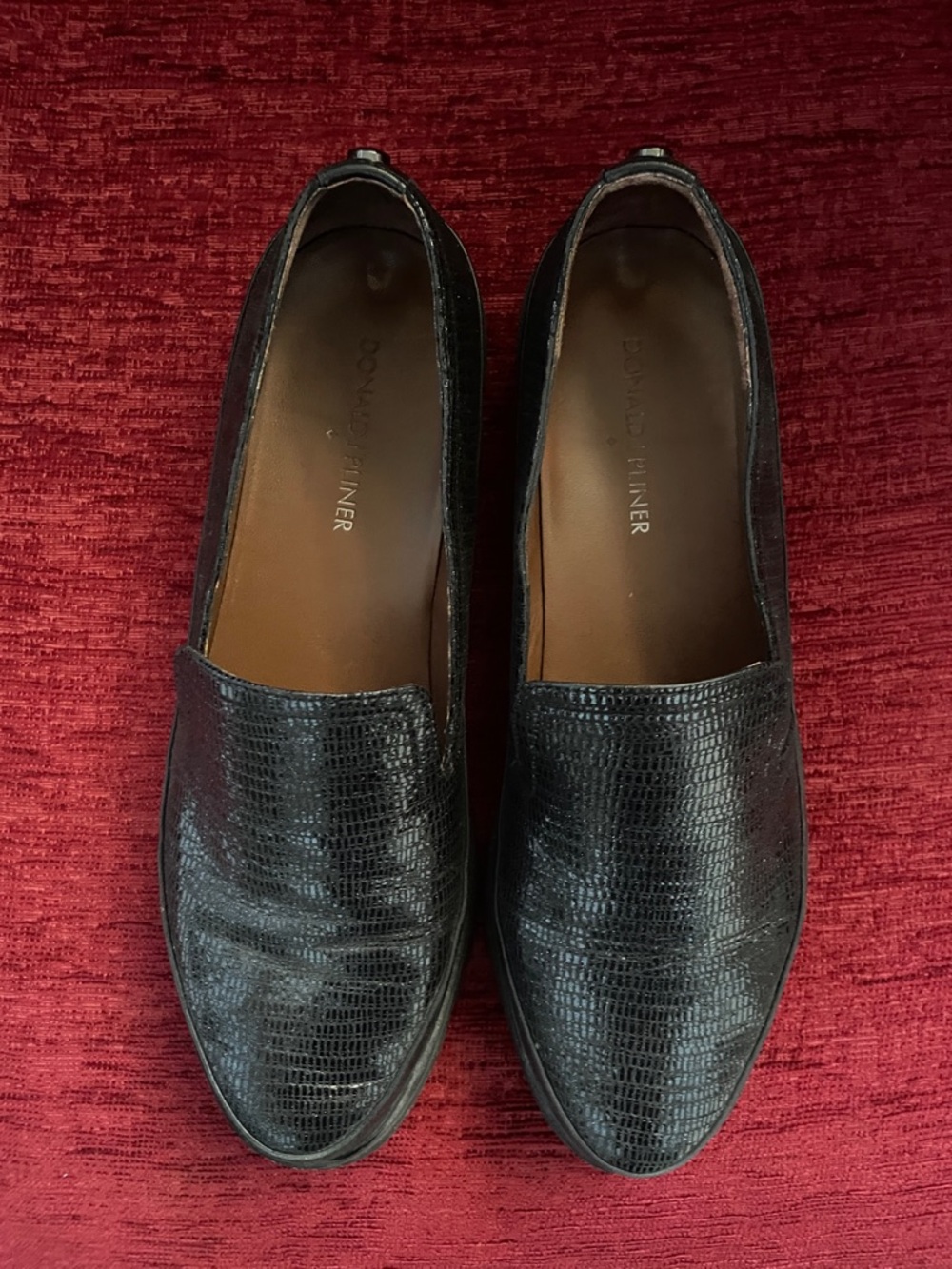 Donald J. Pliner Black Lizard-Embossed Leather Slip-On Loafers
